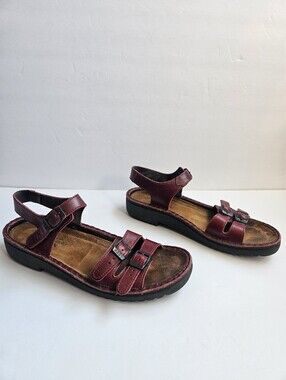 Naot Burgundy Leather Buckle Ankle Strap Flat Sandals